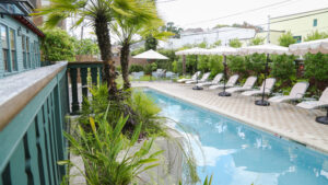 Swimming pool lined with lounge chairs and tropical planting at The Chloe hotel in New Orleans