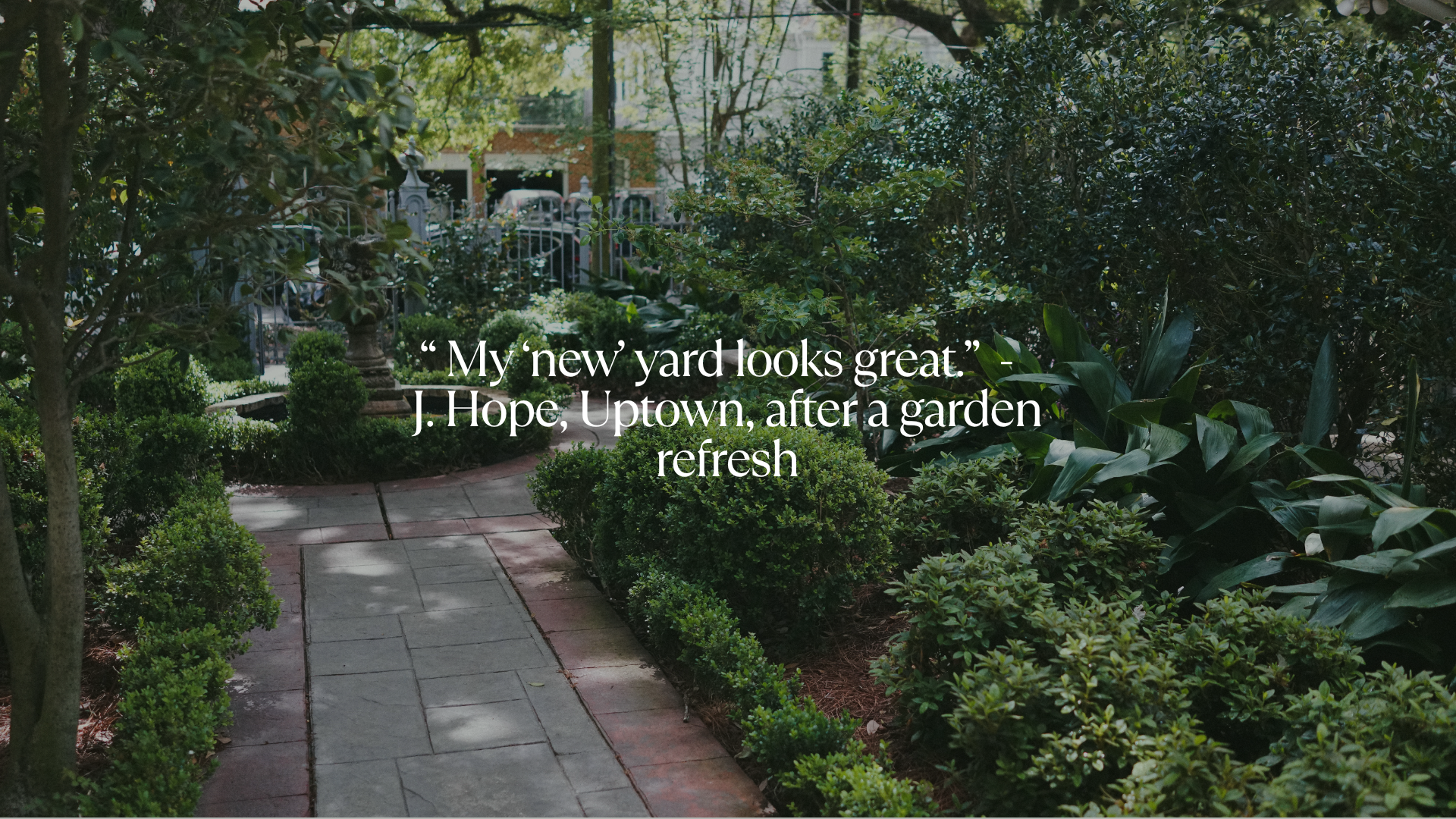 Uptown New Orleans garden refresh with brick pathways, clipped boxwoods, and layered shade plantings by Landscape Images Ltd.