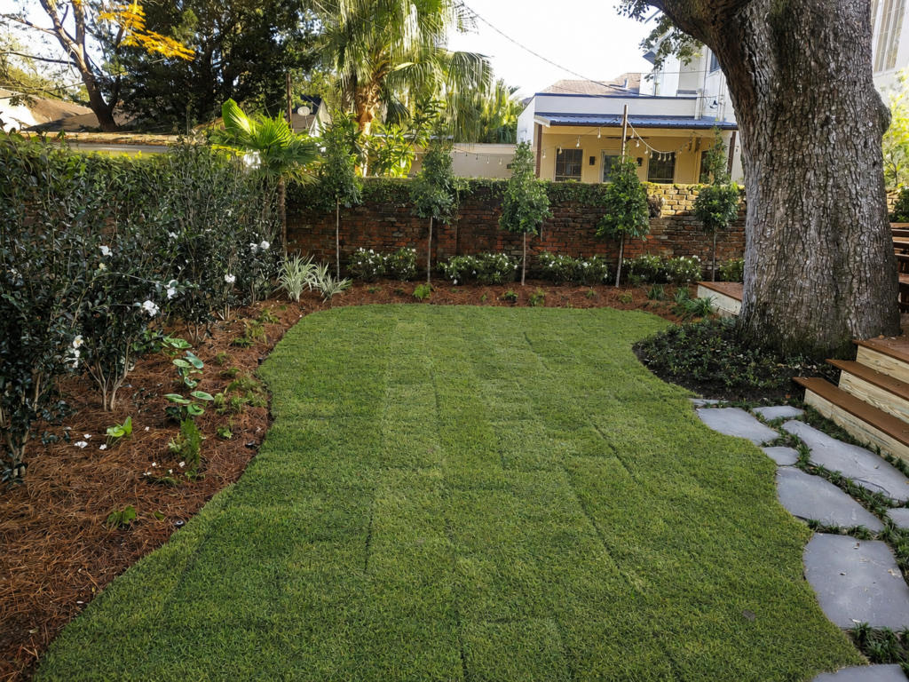 New St. Augustine lawn framed by layered planting and a brick garden wall beneath a mature live oak.