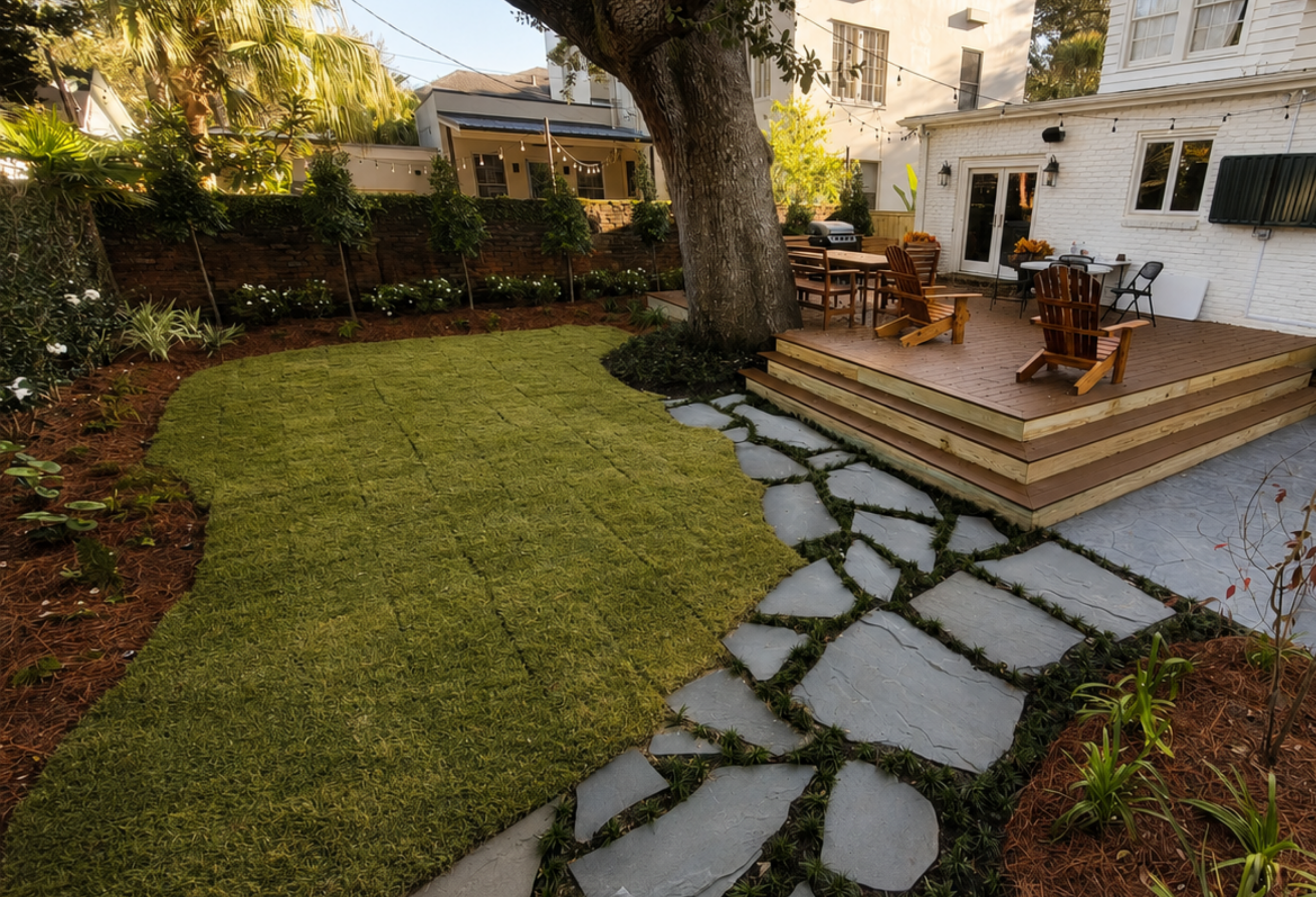 Irregular flagstone path with planted joints connecting the wooden deck and garden shed at the Audubon Boulevard garden.