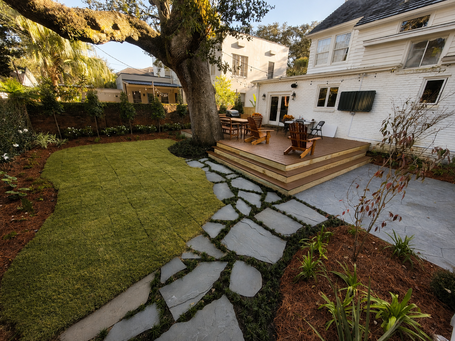 Audubon Boulevard rear garden with a mature live oak, new lawn, layered planting, flagstone path, and wooden deck.