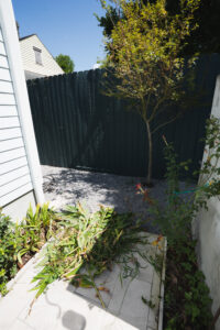 Fresh garden clippings gathered for removal after pruning beside a residential privacy fence.