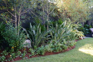 Bird of paradise, ferns, and seasonal flowers layered beneath trees in an Uptown New Orleans pool garden