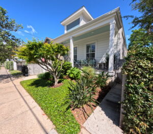Traditional Uptown New Orleans home framed by established palms, flowering plants, and layered garden beds