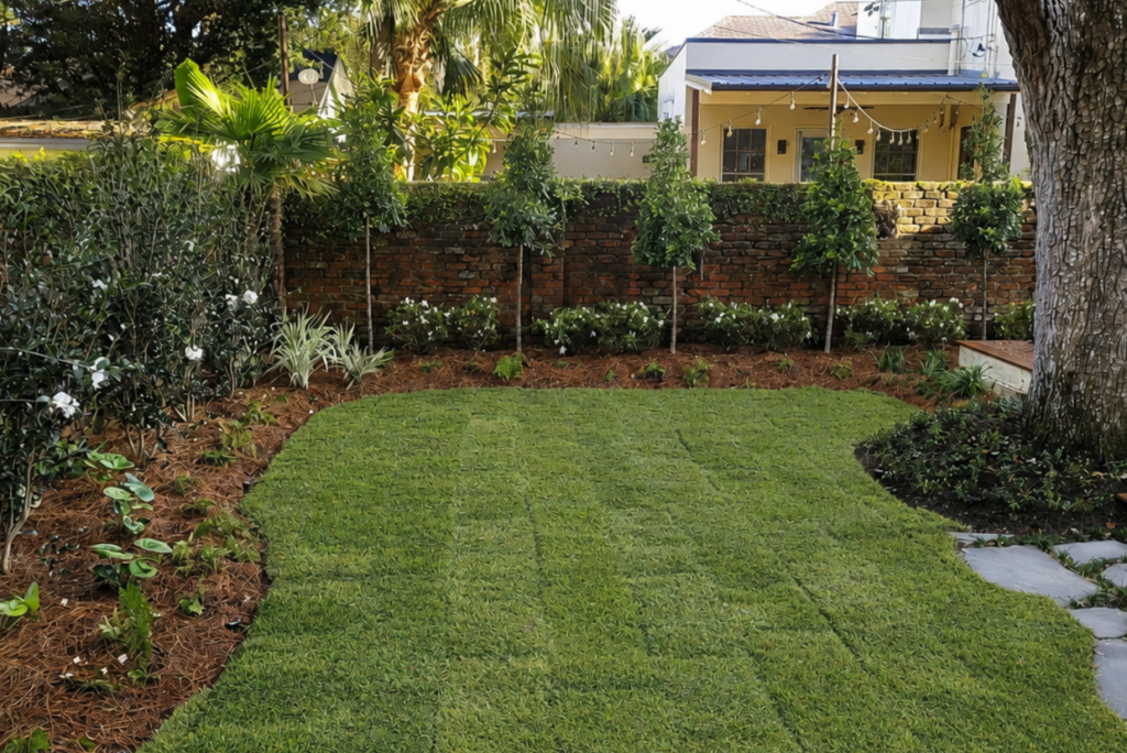 Newly installed St. Augustine lawn surrounded by layered planting, a brick garden wall, and a mature live oak in an Audubon Boulevard rear garden.