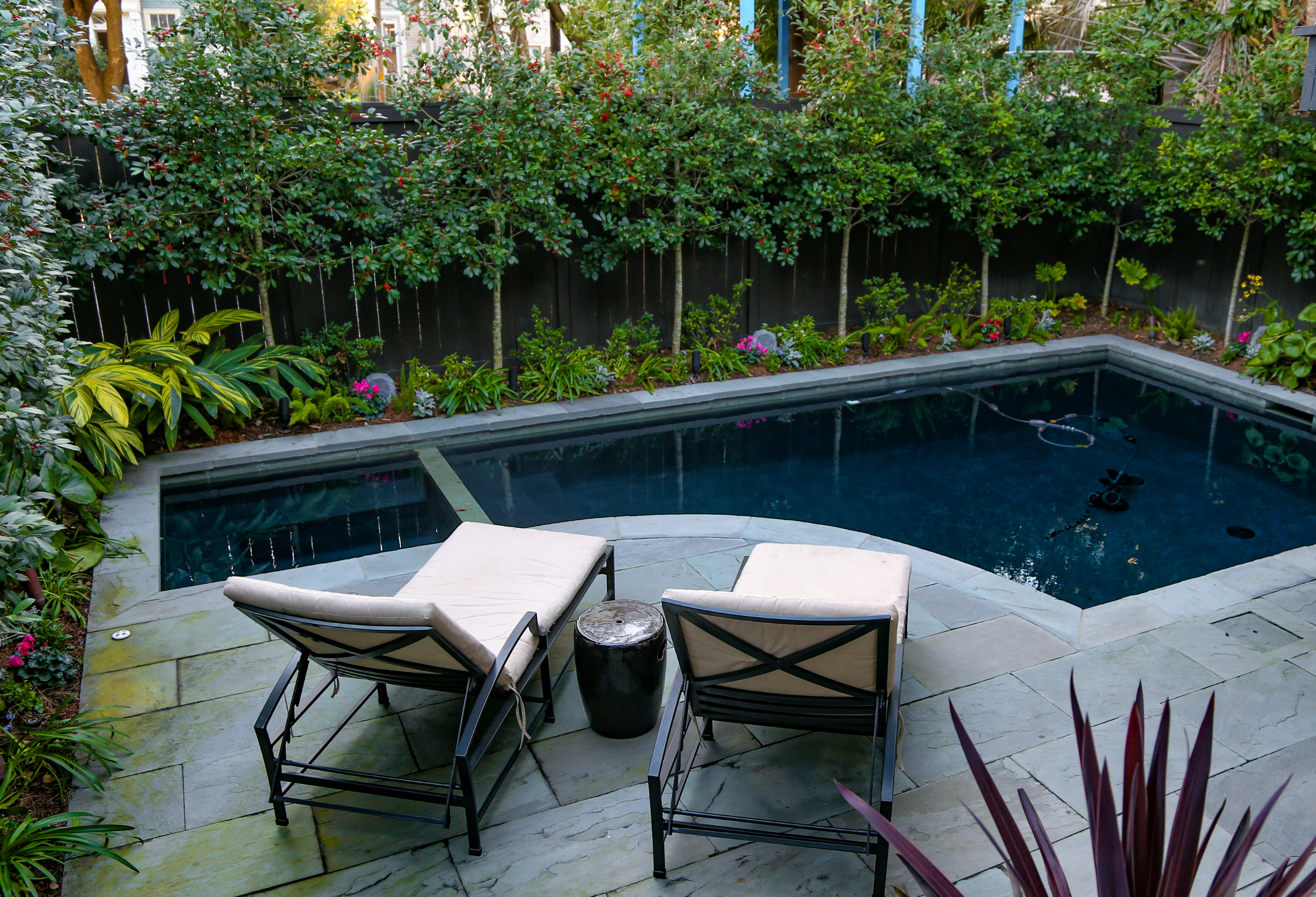 Intimate backyard pool with slate patio, lounge chairs, and lush privacy plantings