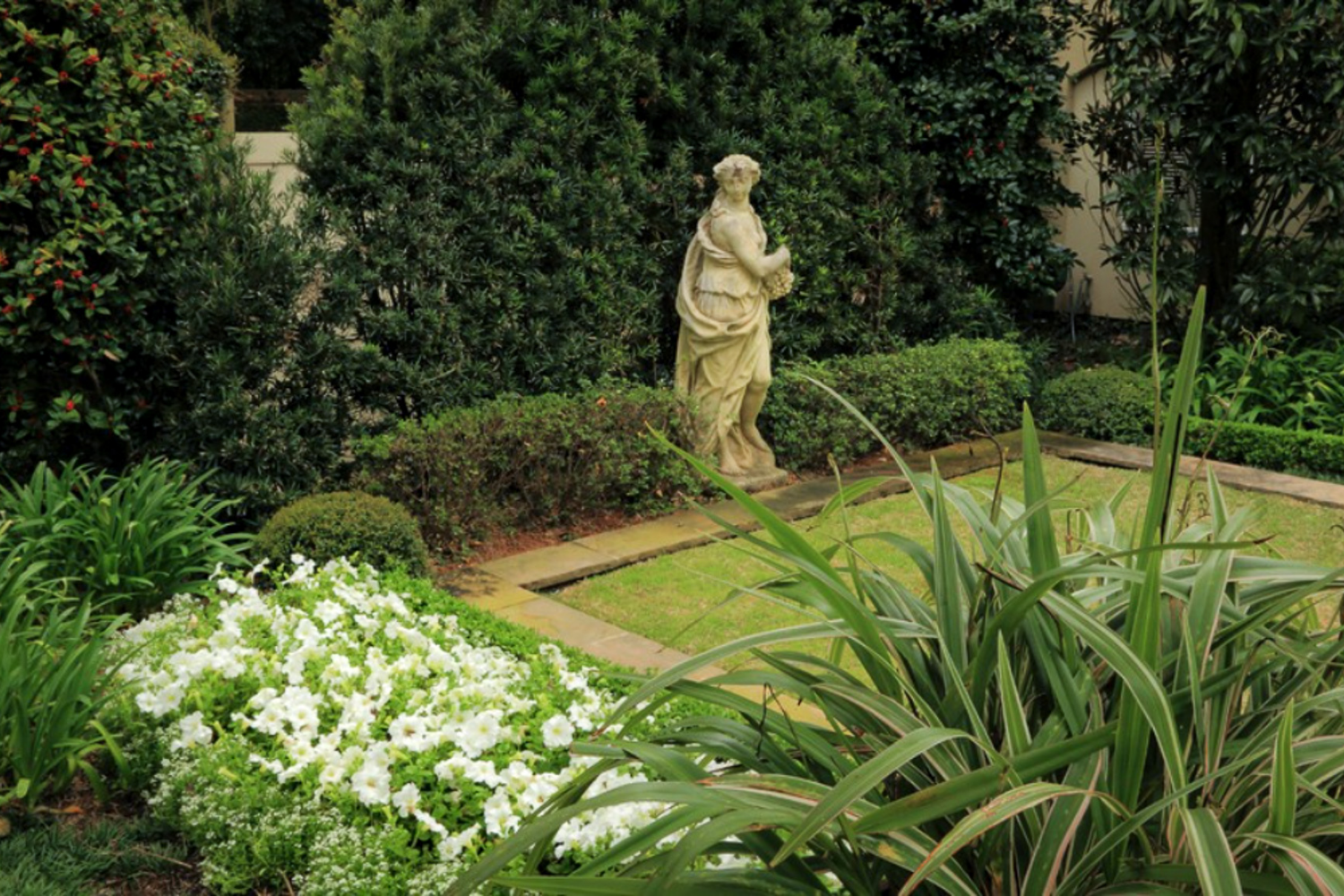 Landscape design with curving garden path, boxwood, ferns, tropical foliage, and layered evergreen planting.