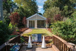 Entrance to the Longue Vue Discovery Garden in New Orleans, with young ornamental trees, lawn, and planting beds leading to the Ruth U. Fertel Discovery House.