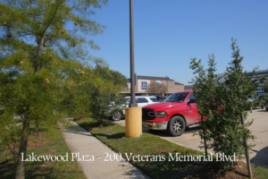 Landscaped sidewalk and parking area at Lakewood Plaza on Veterans Memorial Boulevard, with young trees and maintained planting beds.