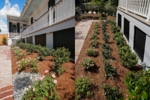 Brick walkway and flowering shrubs planted along the raised porch of a New Orleans home.