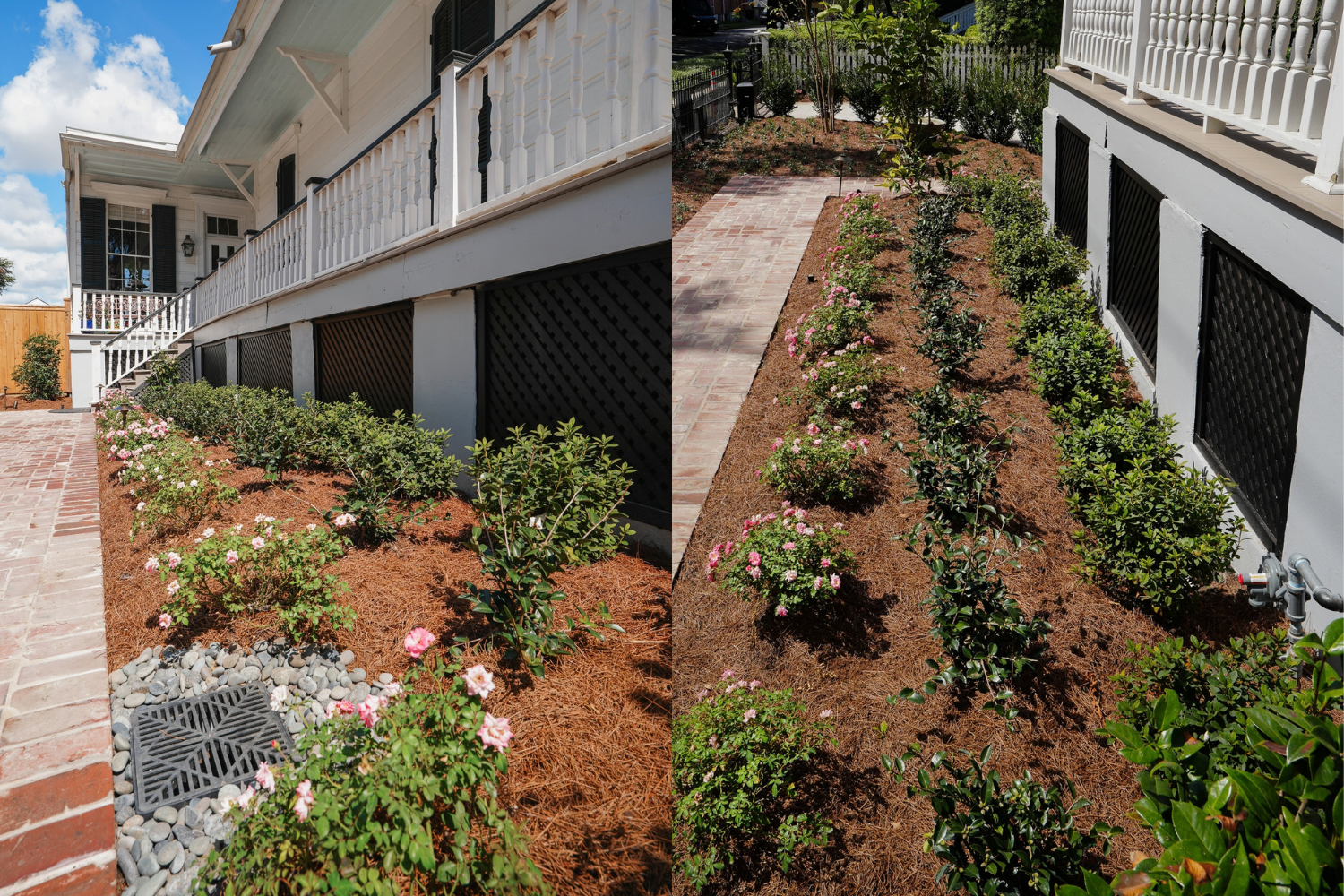 Brick walkway and flowering shrubs planted along the raised porch of a New Orleans home.